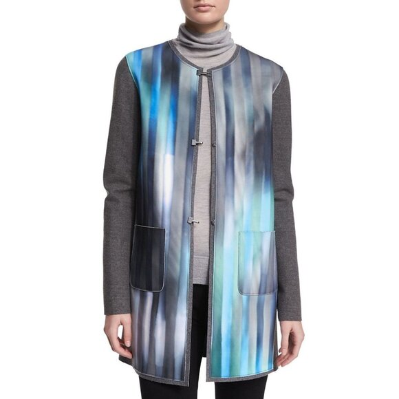 Elie Tahari Melody Reversible Wool Blend Jacket Crew Neckline Gray Blue Large - Picture 1 of 12